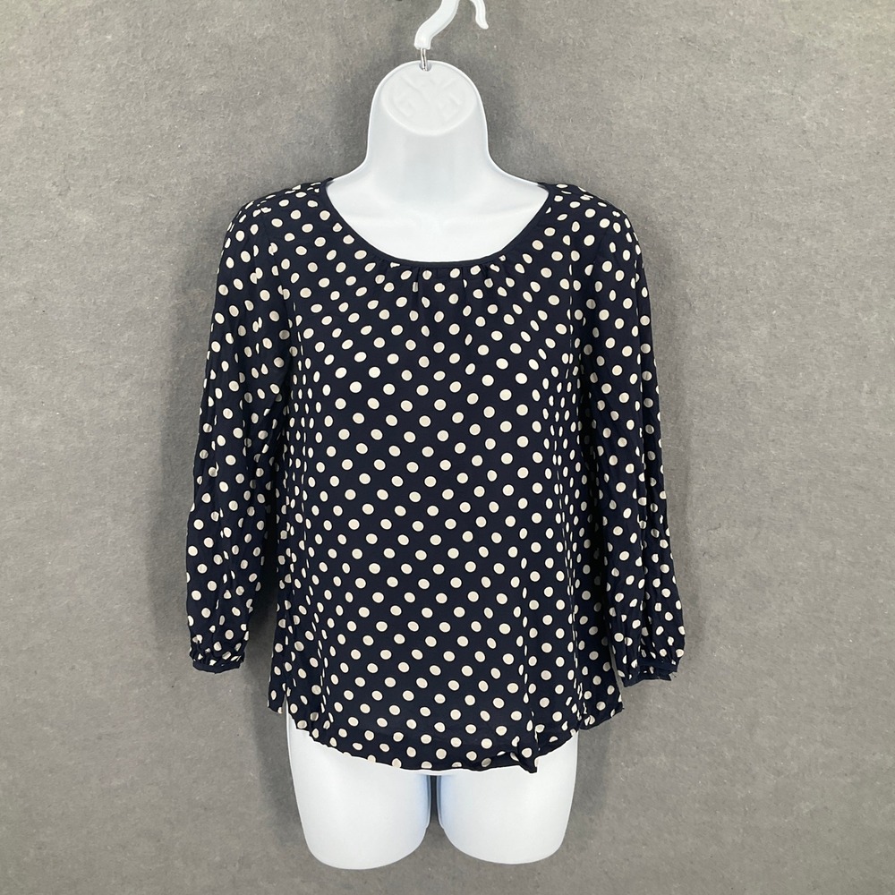 J.Crew Women's Blouse Size 00 Navy White Polka Dot 3/4 Sleeve Silk Top‎ Career